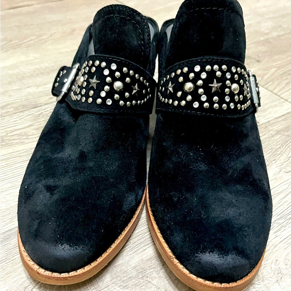 Earth Shoes Denton Black Suede  Studded With Wooden Heel Mules Women’s Sz 11 New